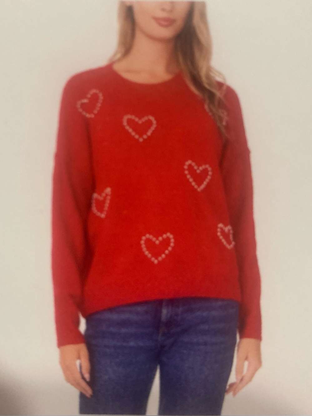 Vince Camuto Woman’s Medium Red Heart-Accent Crewneck Sweater, NWT, $79 MSRP